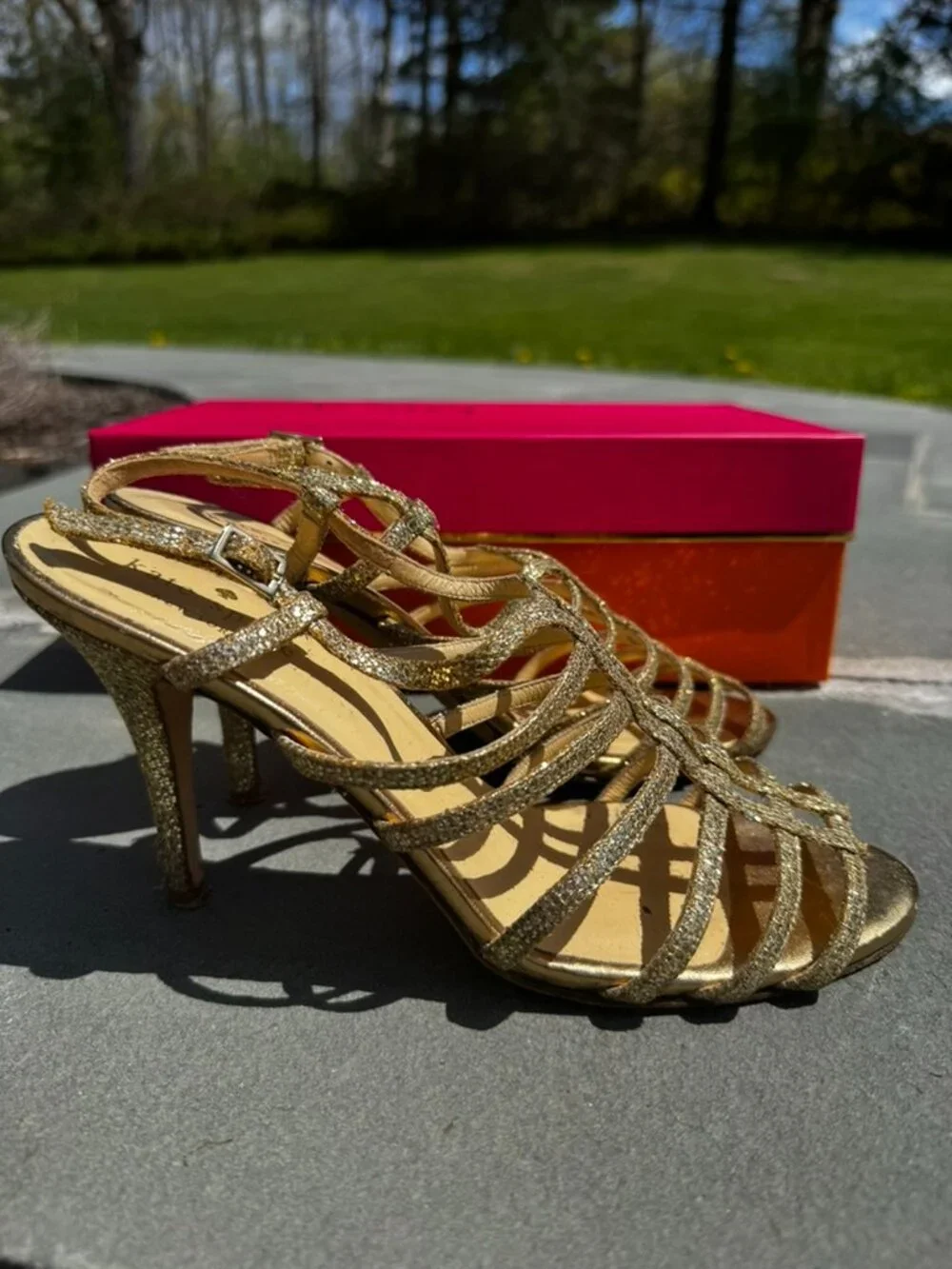 Kate Spade Caryl Gold Women's Bridal Starlight Fabric Strappy Heels - Size 8